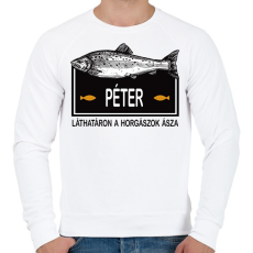 PRINTFASHION Lárhatáron a horgászok ásza - Névvel - Férfi pulóver - Fehér