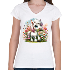 PRINTFASHION Legelésző fehér póni - Női V-nyakú póló - Fehér női póló