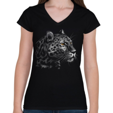 PRINTFASHION Leopárd portré - Női V-nyakú póló - Fekete