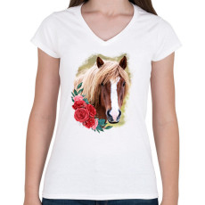 PRINTFASHION Ló virággal - Női V-nyakú póló - Fehér