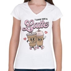 PRINTFASHION Love you a latte - Női V-nyakú póló - Fehér