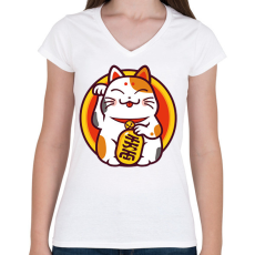 PRINTFASHION Lucky cat - Maneki neko - Női V-nyakú póló - Fehér