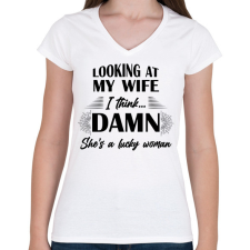 PRINTFASHION Lucky wife - Női V-nyakú póló - Fehér női póló