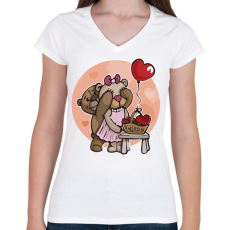 PRINTFASHION Mackó pár - Női V-nyakú póló - Fehér