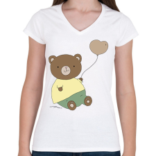 PRINTFASHION Mackó szíves lufival - Női V-nyakú póló - Fehér női póló