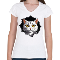 PRINTFASHION Macska a pólóban - Női V-nyakú póló - Fehér