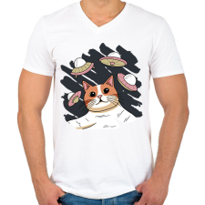 PRINTFASHION Macska és az ufok - Férfi V-nyakú póló - Fehér férfi póló