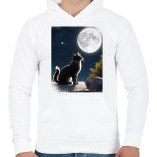 PRINTFASHION Macska és hold - Férfi kapucnis pulóver - Fehér férfi pulóver, kardigán