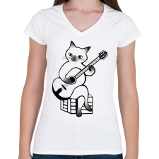PRINTFASHION Macska gitározik - Női V-nyakú póló - Fehér női póló