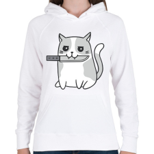 PRINTFASHION Macska késsel - Női kapucnis pulóver - Fehér női pulóver, kardigán