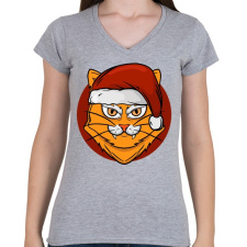 PRINTFASHION Macska mikulás sapkában - Női V-nyakú póló - Sport szürke női póló