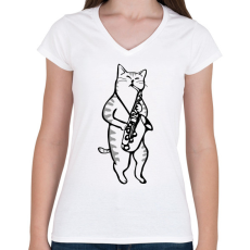 PRINTFASHION Macska szaxofonozik - Női V-nyakú póló - Fehér