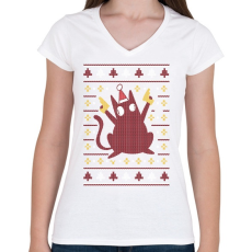 PRINTFASHION Macskás csúnya pulcsis minta - Női V-nyakú póló - Fehér