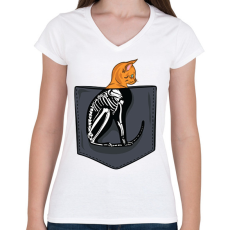 PRINTFASHION Macskás zsebminta - Női V-nyakú póló - Fehér