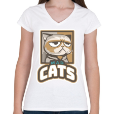 PRINTFASHION Mad Cats - Női V-nyakú póló - Fehér női póló
