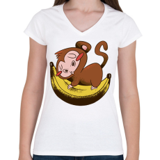 PRINTFASHION Majom banánon - Női V-nyakú póló - Fehér