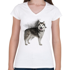 PRINTFASHION Malamut - Női V-nyakú póló - Fehér