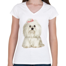 PRINTFASHION Máltai selyemkutyás póló - Női V-nyakú póló - Fehér női póló