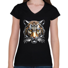 PRINTFASHION Mechanikus tigris - Női V-nyakú póló - Fekete
