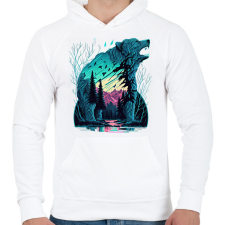 PRINTFASHION Medve a naplementében - Férfi kapucnis pulóver - Fehér férfi pulóver, kardigán