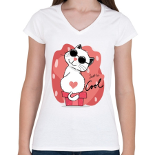 PRINTFASHION Menő macska - Női V-nyakú póló - Fehér női póló