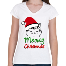 PRINTFASHION Meowy Christmas! - Női V-nyakú póló - Fehér női póló