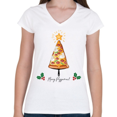 PRINTFASHION Merry Pizzamas pizzalapáttal - Női V-nyakú póló - Fehér
