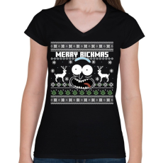 PRINTFASHION Merry Rickmas - fehér - Női V-nyakú póló - Fekete
