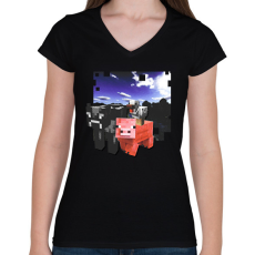 PRINTFASHION minecraft farm állatok (képregény stílus) - Női V-nyakú póló - Fekete