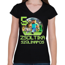 PRINTFASHION Minecraft születésnap - Egyedi névvel - Női V-nyakú póló - Fekete női póló