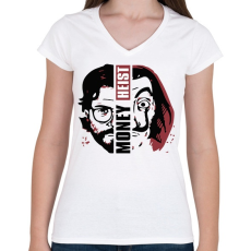 PRINTFASHION Money Heist - A Nagy Pénzrablás - La Casa de Papel - Női V-nyakú póló - Fehér