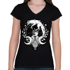 PRINTFASHION Moon fox - Női V-nyakú póló - Fekete