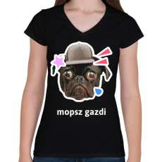 PRINTFASHION mopsz gazdi 2 - Női V-nyakú póló - Fekete