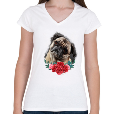 PRINTFASHION Mopsz virággal - Női V-nyakú póló - Fehér