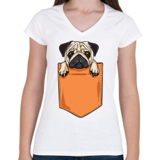 PRINTFASHION Mopsz zsebminta - Női V-nyakú póló - Fehér