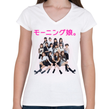 PRINTFASHION Morning Musume J-POP - Női V-nyakú póló - Fehér női póló