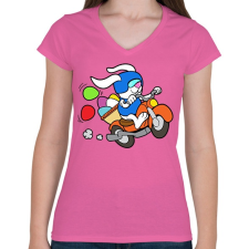 PRINTFASHION Motoros Nyuszi - Női V-nyakú póló - Rózsaszín női póló