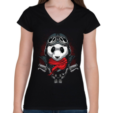 PRINTFASHION Motoros panda - Női V-nyakú póló - Fekete