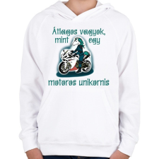 PRINTFASHION motoros unikornis - Gyerek kapucnis pulóver - Fehér gyerek pulóver, kardigán