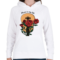 PRINTFASHION Music is my life - Rózsás gitár - Női kapucnis pulóver - Fehér