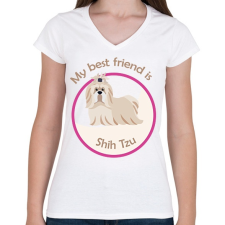 PRINTFASHION My best friend - Shih Tzu - Női V-nyakú póló - Fehér női póló