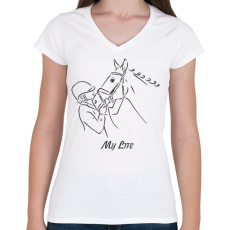 PRINTFASHION My life - Lovas minta - Női V-nyakú póló - Fehér