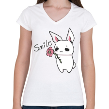 PRINTFASHION Nyuszi Virággal - Mosolyogj  - Női V-nyakú póló - Fehér női póló