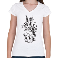 PRINTFASHION nyuszi virágokkal fekete - Női V-nyakú póló - Fehér női póló