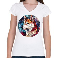 PRINTFASHION ólomüveg Akita Inu  - Női V-nyakú póló - Fehér női póló