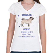 PRINTFASHION Oroszlán - Mopsz - Női V-nyakú póló - Fehér női póló