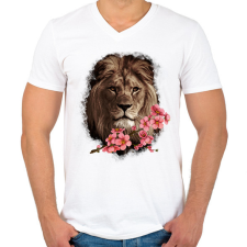 PRINTFASHION Oroszlán virággal - Férfi V-nyakú póló - Fehér férfi póló