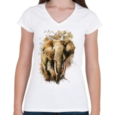 PRINTFASHION Painted Elephant - Női V-nyakú póló - Fehér