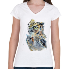 PRINTFASHION Painted Owl - Női V-nyakú póló - Fehér