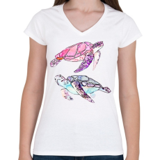 PRINTFASHION Painted Turtles - Női V-nyakú póló - Fehér